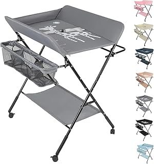Table a Langer Pliante, Table à Langer Réglable en Hauteur avec Panier de Rangement, Ceinture de Sécurité et 4 Roues avec Frein (gris)
