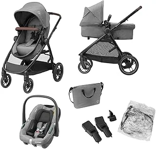Maxi-Cosi Zelia S Trio Poussette 3 en 1, 0 à 4 Ans, Jusqu'à 22 kg, Poussette Bébé Pliable, Compacte et Inclinable, avec Siège Auto Bébé CabrioFix S i-Size, Accessoires, Sac à Langer, Gris