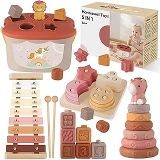 Jouet Bebe 6 Mois, 5-en-1 Jouet Montessori Bébé 6-12 Mois - Jeux d'eveil Bebe 6-12 Mois avec Xylophone en Bois, Cubes à Empiler et Trieur de Formes,Jouet Sensoriel Cadeau Bebe Éducatif