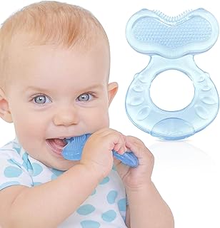 Nuby Teethe-eez souple en silicone | Anneau de dentition en silicone avec surface pour masser les dents | étui hygiénique inclus | Bleu | +3 Mois