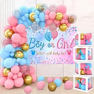 QIFU 141Pcs Gender Reveal Decorations - Kit Deco Baby Shower Comprend Ballon Rose et Bleu, 4 Boîtes Cube de Fête Prénatale et Boy or Girl Toile de Fond Baby Shower Decorations Pour Fille Garcon