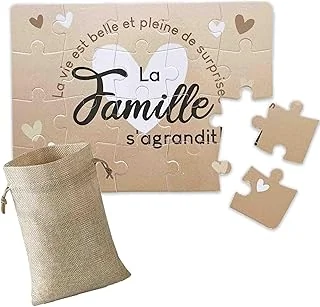 Puzzle “La famille s’agrandit” – Annonce grossesse originale – Puzzle surprise 20 pièces – Design beige avec cœurs – Idée cadeau révélation bébé