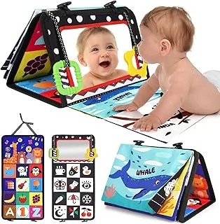 URMYWO Jouet Bebe 0-3-6-9-12 Mois - Miroir d'Éveil Pliable avec Jouet de Dentition et Livre Papier froissé Sensoriel - Montessori Noir et Blanc à Motifs Contrastés pour l'Éveil des Bébés