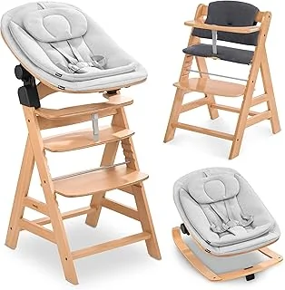 hauck Chaise Haute Bébé Evolutive en Bois Alpha+ Set Eco – dès la Naissance avec Siège Bébé, Coussin d'Assise et Harnais – Naturel