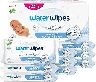 WaterWipes Sensitive+ Newborn & Baby Wipes, Lingettes Pour Nouveau-Nés et Bébés, 540 unités (9 paquets), 3-en-1 nettoie, soigne, protège, 99,9% d'eau, non parfumées
