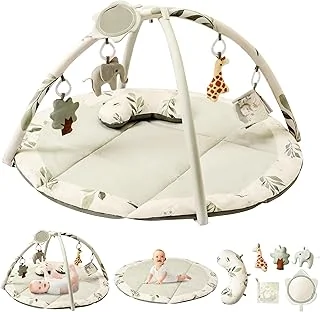 Fortella Tapis d'éveil Bébé, Thème Naturel, Arche amovible, Tapis de Jeux avec 5 Jouets d'activité et un coussin, Cadeau pour nouveau né, enfant, fille et garcon, Dès la Naissance, 0-3-6-12 Mois(Vert)