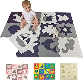 Tapis de jeu en mousse pour bébés et enfants | 12 dalles en mousse EVA avec animaux marins dans un sac de rangement | Tapis puzzle 20% plus épais et plus doux | Sûr à 100%, non toxique, sans odeur