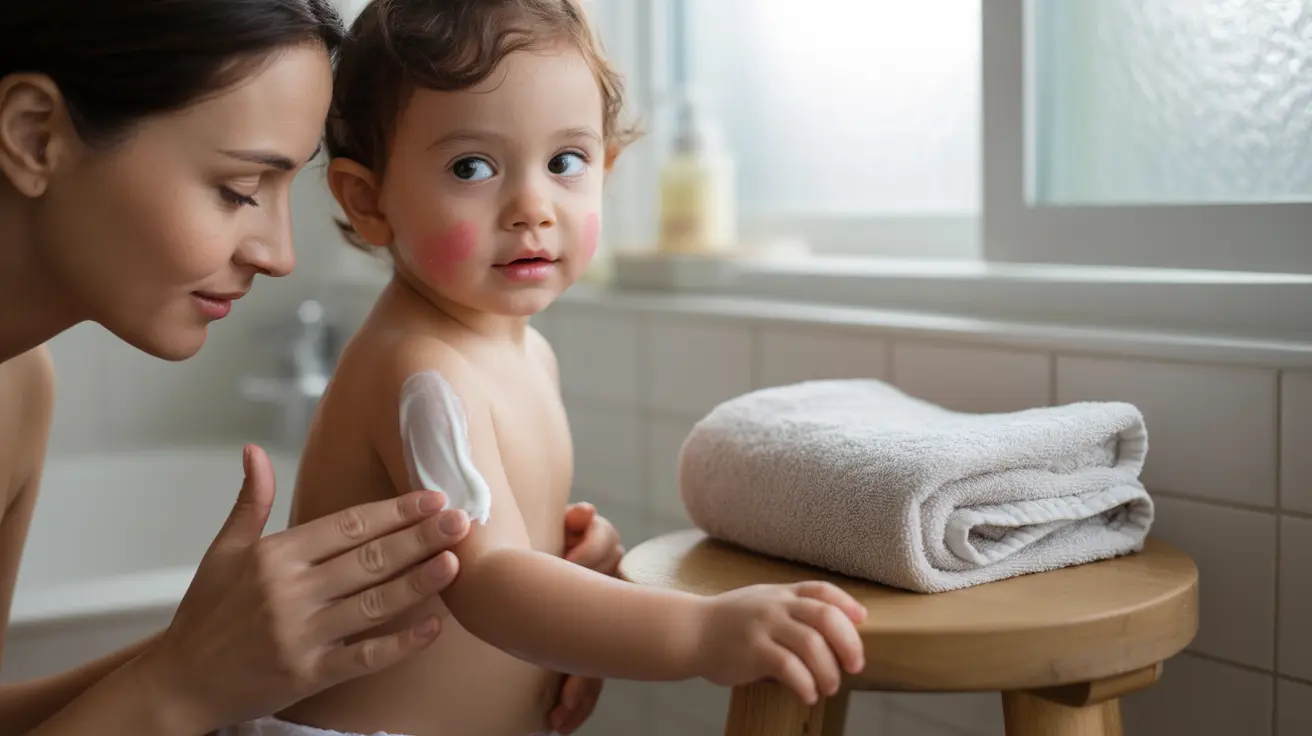 Application d'une crème émolliente sur la peau d'un bébé souffrant d'eczéma atopique.