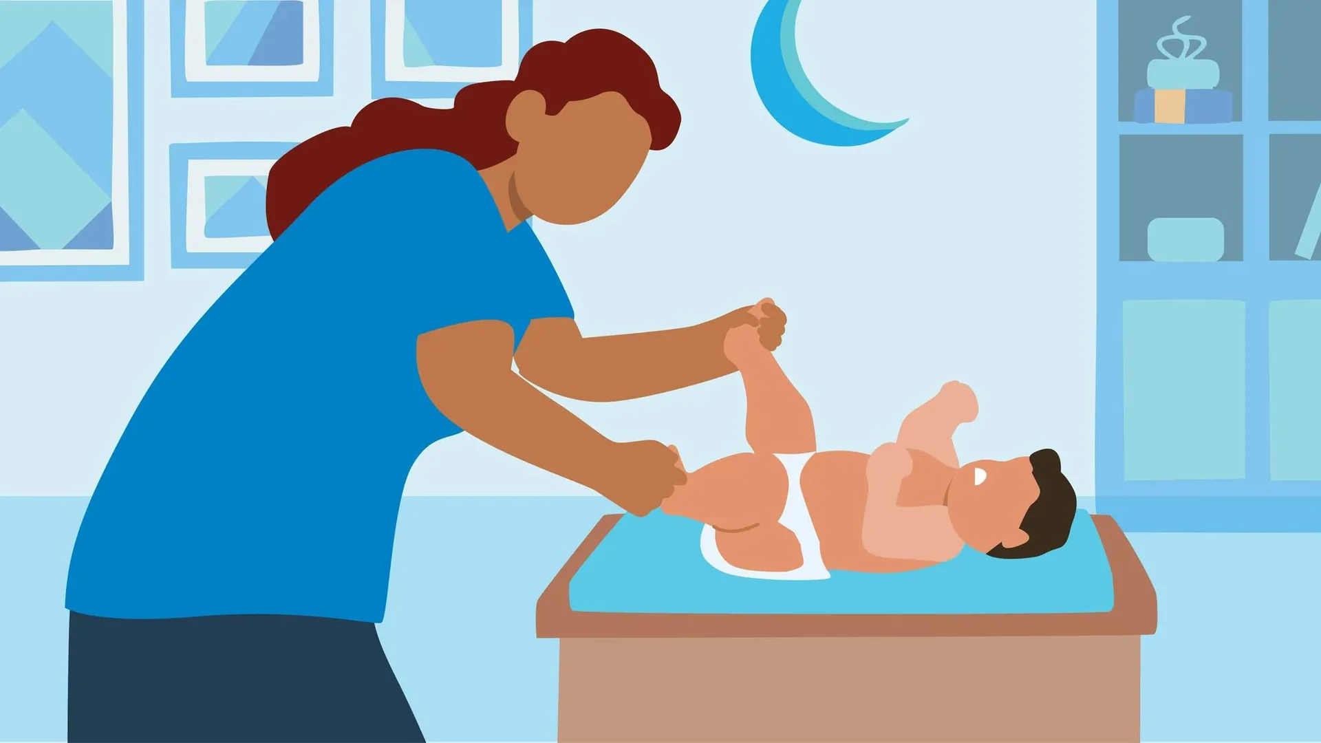 Parent effectuant des mouvements de pédalage avec les jambes de son bébé pour soulager les coliques