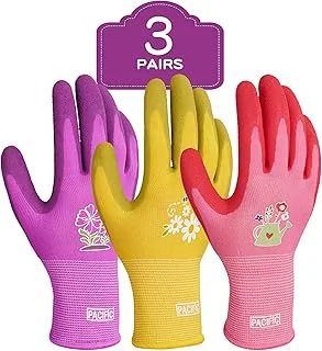 PACIFIC 3 Paires Gants de Jardinage Femme, Revêtement en Latex, Respirants, gants de jardin avec revêtement en latex froissé antidérapant,Trois Couleurs, Coloris Violet, Jaune, Rouge, M/8