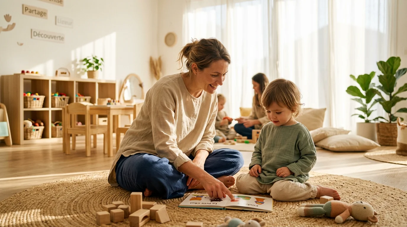 Une professionnelle de la petite enfance en tenue ample lit un livre avec un enfant dans un espace de crèche lumineux.