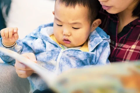 Un jeune enfant regarde un livre ouvert avec une adulte.